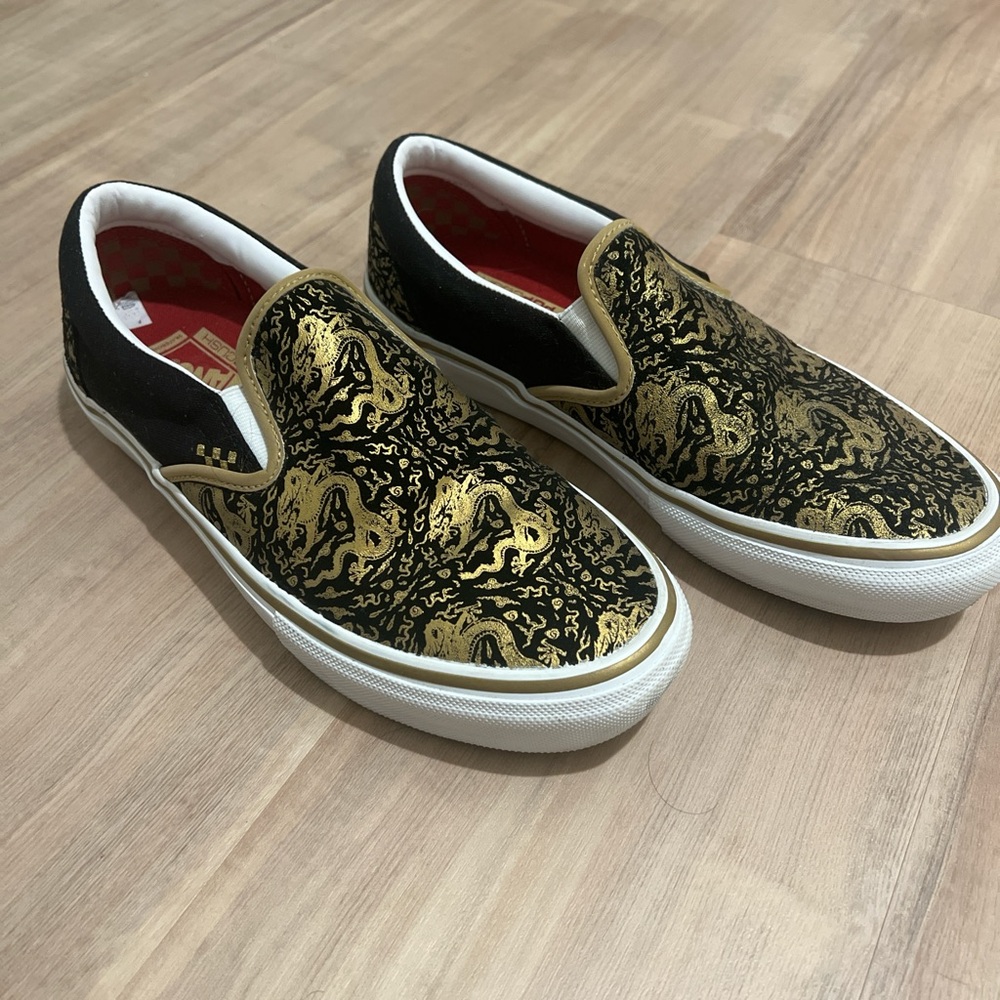 Vans Black and Gold Dragon Slip-On Loafers